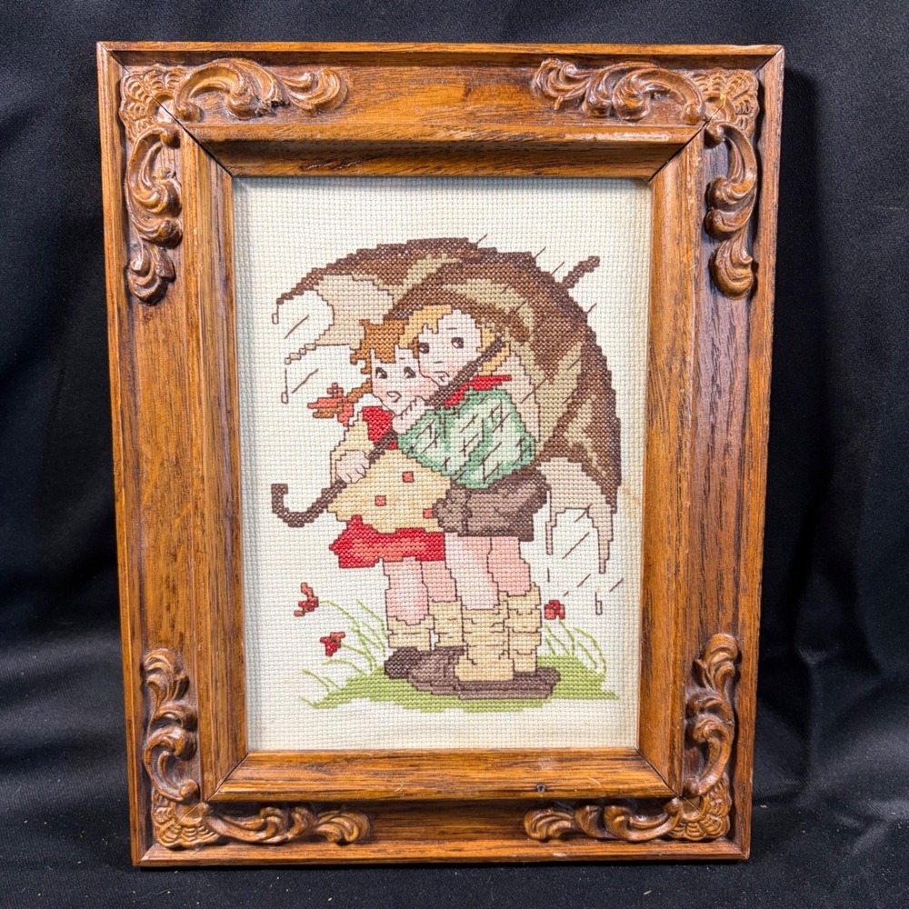 Vintage Hummel Style Needlepoint Cross Stitch Children Umbrella Carved Oak Frame
